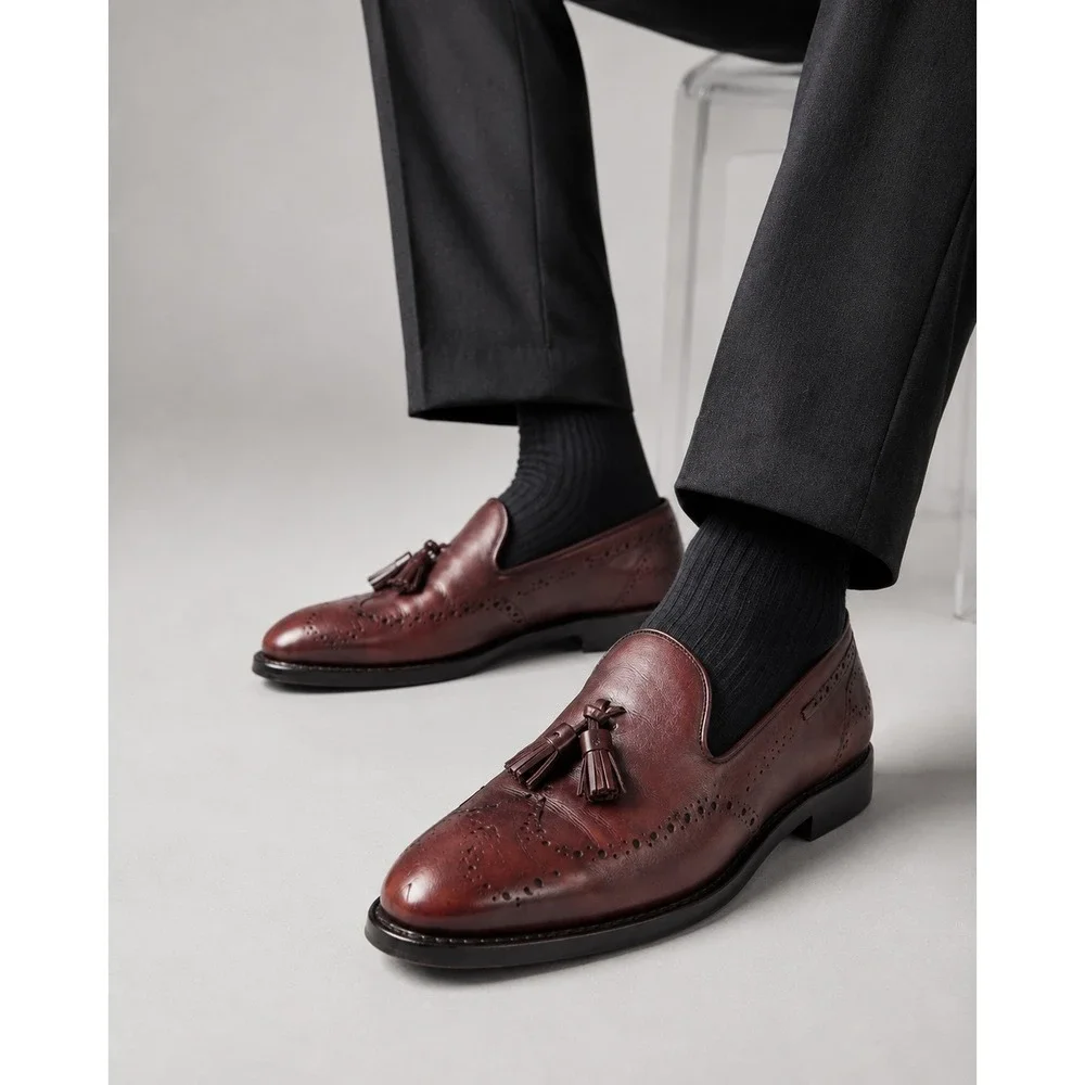 Allen Edmonds Astor Mens 11 D Burgundy Leather Tassel Loafers Brogue Wingtip USA